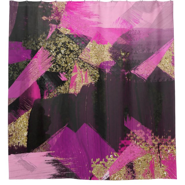 Pink Black Gold Glitter Modern Brush Glam Grunge Shower Curtain (Front)