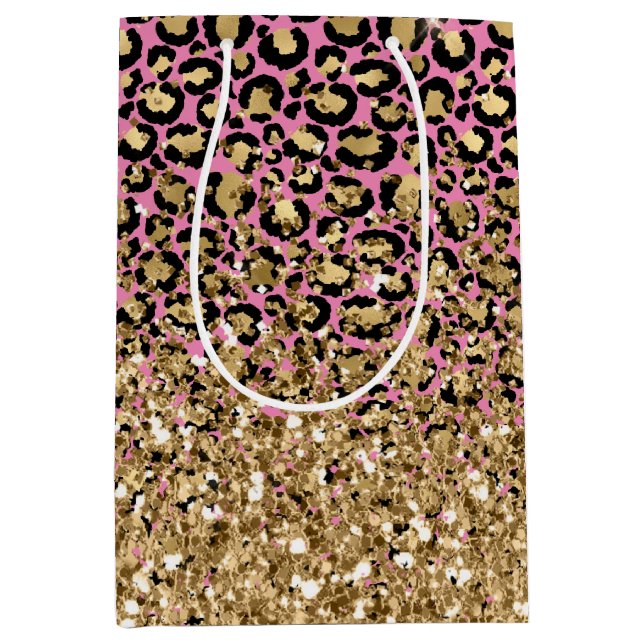 Pink Black Gold Leopard Glitter Medium Gift Bag (Front)