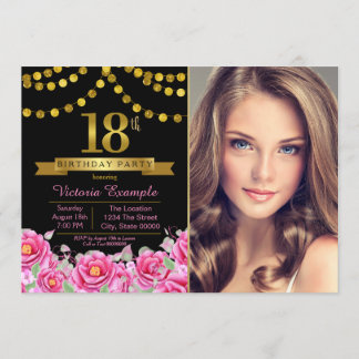 Pink Black Gold Modern 18th Birthday Party Invitation