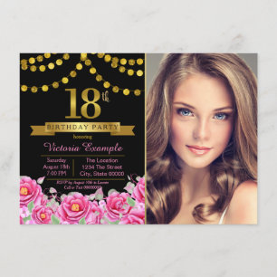 Pink Black Gold Modern 18th Birthday Party Invitation