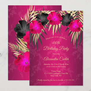 Pink Black Gold Palms Hibiscus Damask Party Invitation