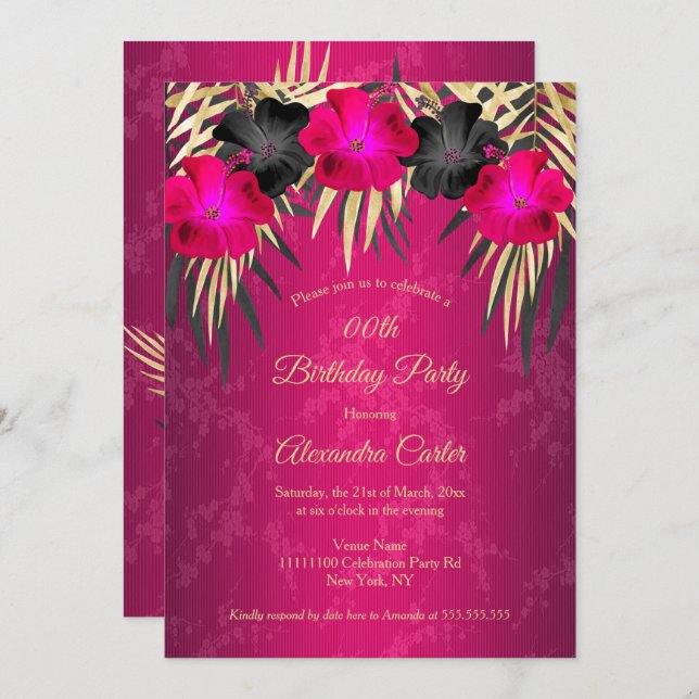 Pink Black Gold Palms Hibiscus Damask Party Invitation (Front/Back)