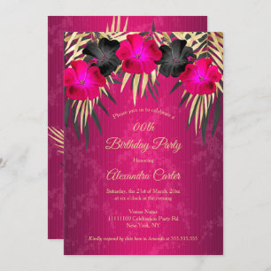 Pink Black Gold Palms Hibiscus Damask Party Invitation