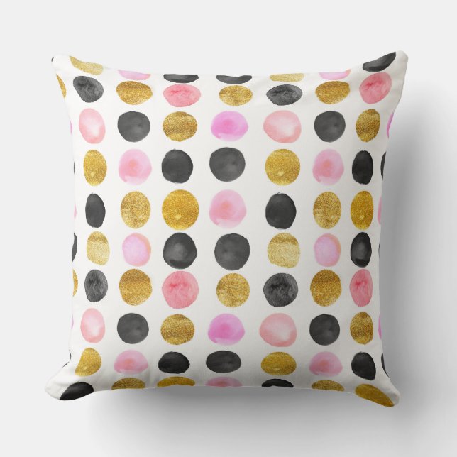 Pink, Black & Gold Polka Dot Throw Pillow (Front)