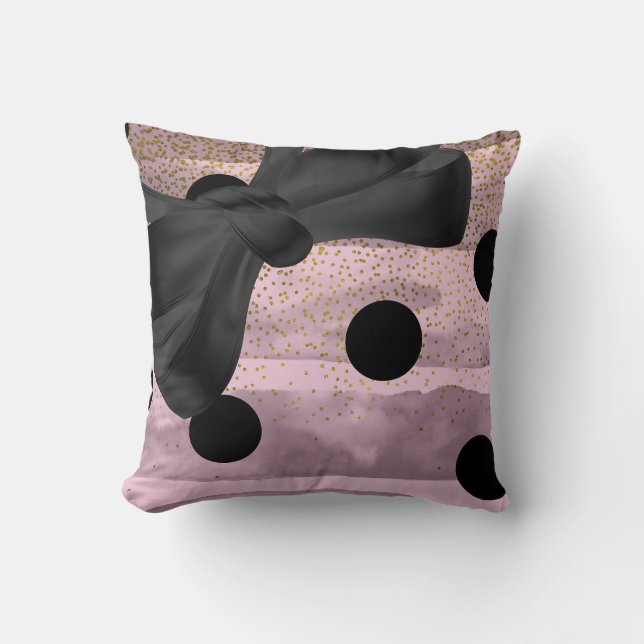 Pink & Black Gold Polka Dots Chic Bow Trendy Glam Cushion (Front)