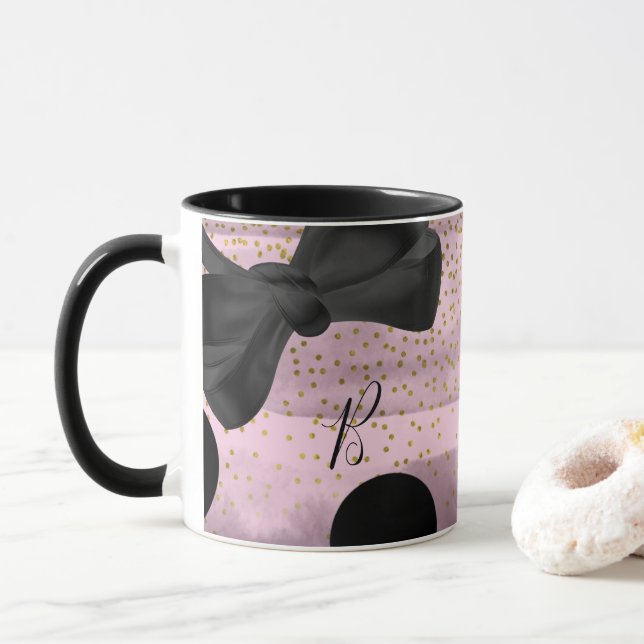 Pink & Black Gold Polka Dots Chic Bow Trendy Glam Mug (With Donut)