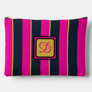 Pink Black & Gold Striped Pretty Monogram Accessory Pouch