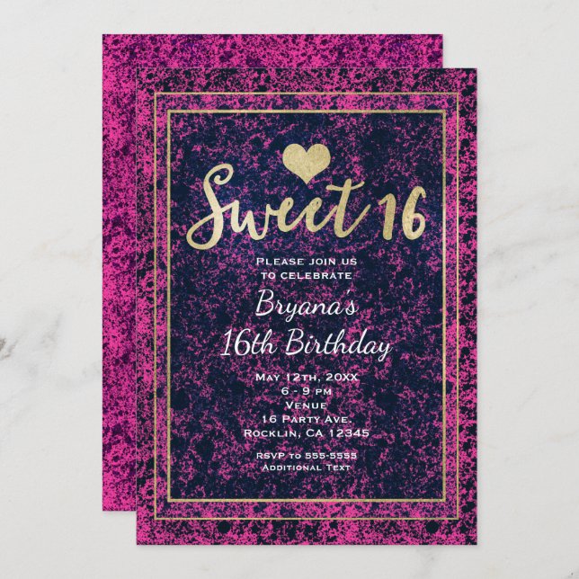 Pink & Black Gold Sweet 16 Modern Party Invitation (Front/Back)