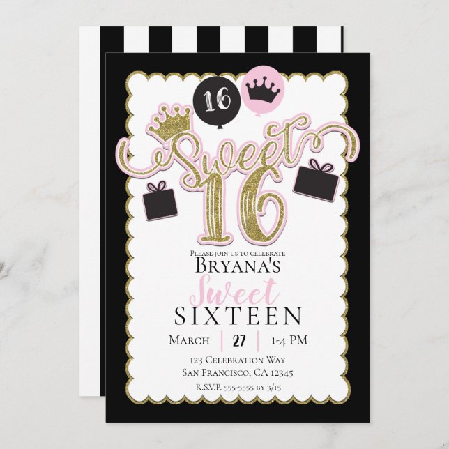 Pink Black Gold Sweet 16 Striped Birthday Party Invitation (Front/Back)