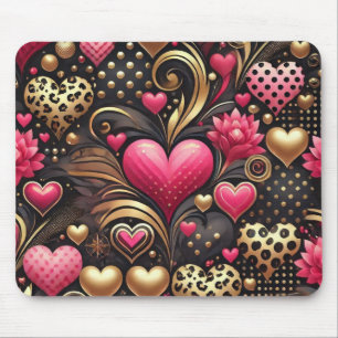 PINK BLACK GOLD VALENTINE LOVE HEARTS MOUSE PAD