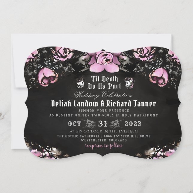 Pink & Black Gothic Roses & Skeletons Wedding Invitation (Front)