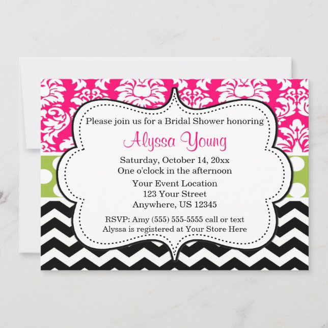 Pink Black Green Chevron Damask Invitation (Front)