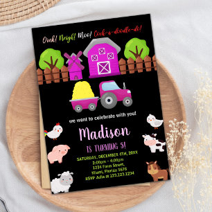 Pink Black Green Farm Animals Birthday Invitations