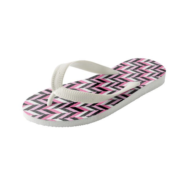 Pink, black, grey and white geometric 2 kid's thongs (Angled)