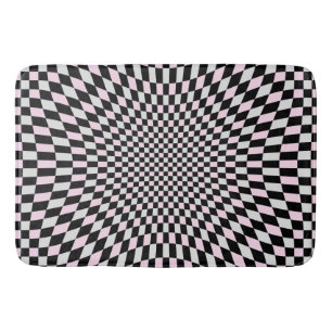 Pink Black Grey Trippy Chequered Board Pattern Bath Mat