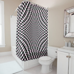 Pink Black Grey Trippy Chequered Board Pattern Shower Curtain