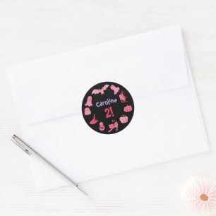 Pink black Halloween birthday Classic Round Sticker