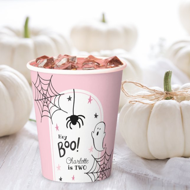 Pink Black Halloween Cute Ghost Spider Hey Boo Paper Cups (Creator Uploaded)