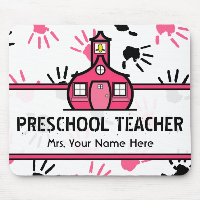 Pink & Black Handprints Preschool Teacher Mousepad (Front)