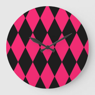 Pink Black Harlequin Diamonds Checkers Design  Large Clock