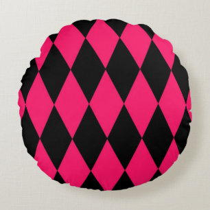 Pink Black Harlequin Diamonds Checkers Design Round Cushion