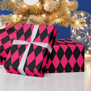 Pink Black Harlequin Diamonds Checkers Design Wrapping Paper