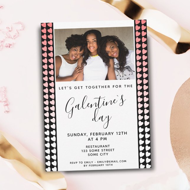Pink Black Heart Friend Photo Galentine`s Day Invitation (Creator Uploaded)