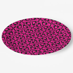 Pink Black Heart Lattice Paper Plate