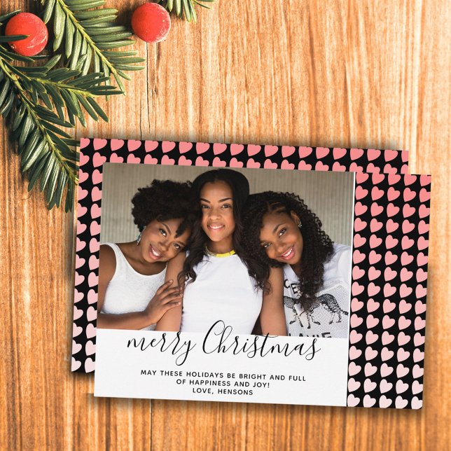 Pink Black Heart Merry Christmas Photo Card (Creator Uploaded)