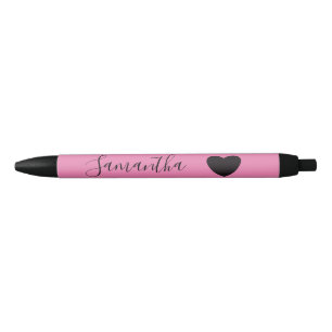 Pink Black Heart Personalised Name Ink Pen