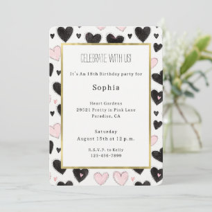 Pink Black Hearts Birthday Invitation