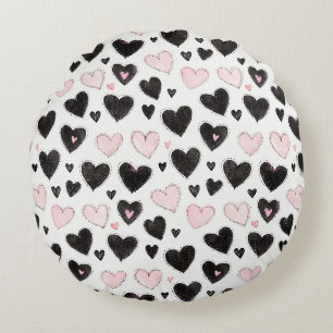 Pink Black Hearts Birthday Round Cushion