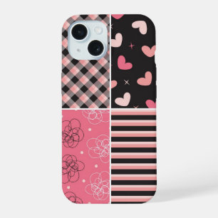Pink Black Hearts Stripes Plaid Scribbled Pattern iPhone 15 Case