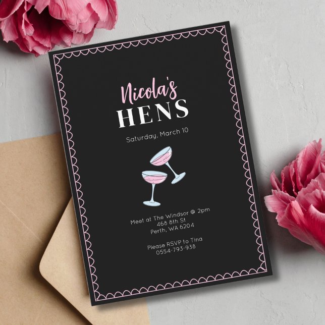 Pink Black Hens Party Cocktail Glass Invitation  (Creator Uploaded)