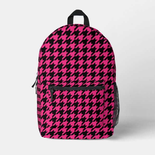 Pink Black Houndstooth Check Printed Backpack (Front)
