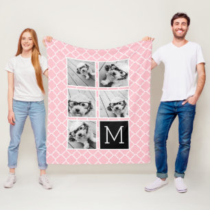 Pink & Black Instagram 5 Photo Collage Monogram Fleece Blanket
