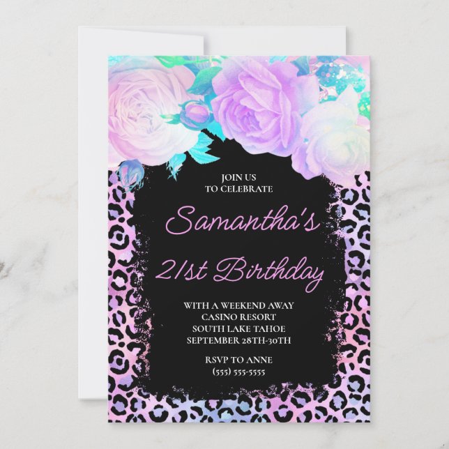 Pink Black Iridescent Leopard 21st Birthday Invitation (Front)