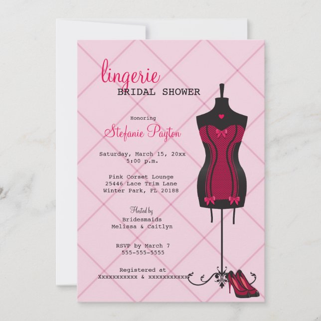 Pink & Black Lace Corset Lingerie Bridal Shower Invitation (Front)