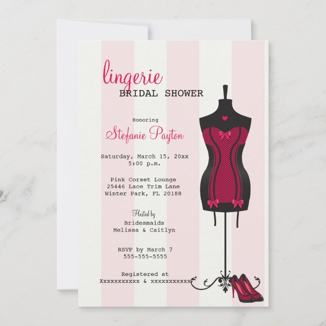 Pink & Black Lace Corset Lingerie Bridal Shower Invitation (Front)