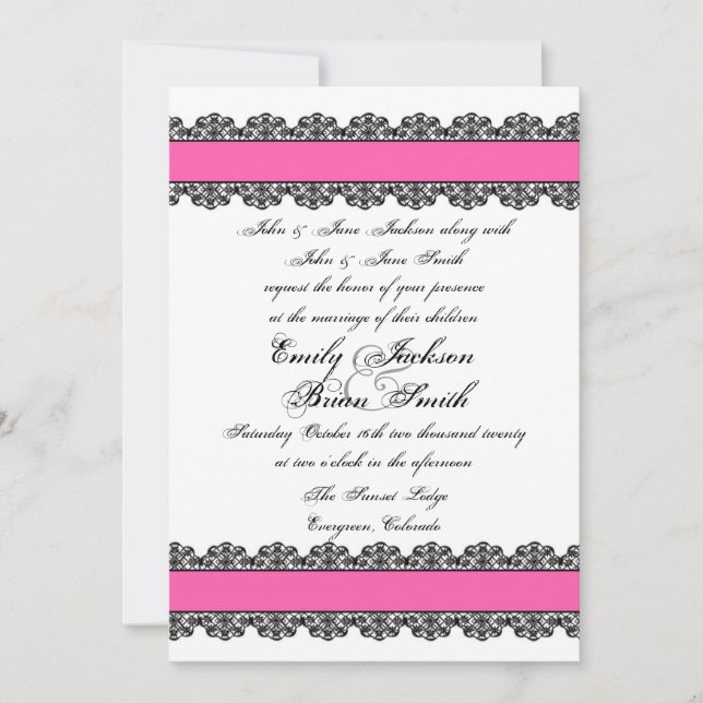 Pink black lace custom wedding invitations (Front)