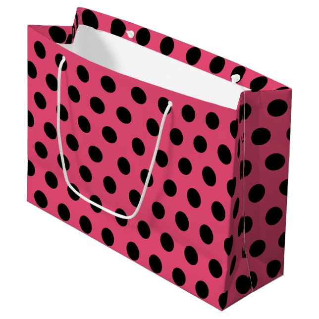 Pink & Black Large Medium Polka Dot Party Gift Bag (Front Angled)