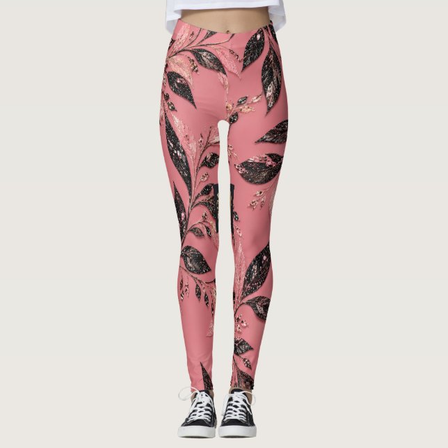 Pink & Black Leaf Pattern Yoga Leggings (Front)
