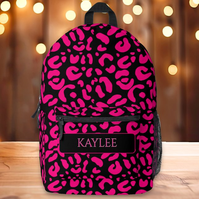 Pink & Black Leopard Animal Print Custom Name Printed Backpack (Creator Uploaded)
