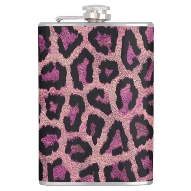 Pink Black Leopard Animal Print Hip Flask (Front)