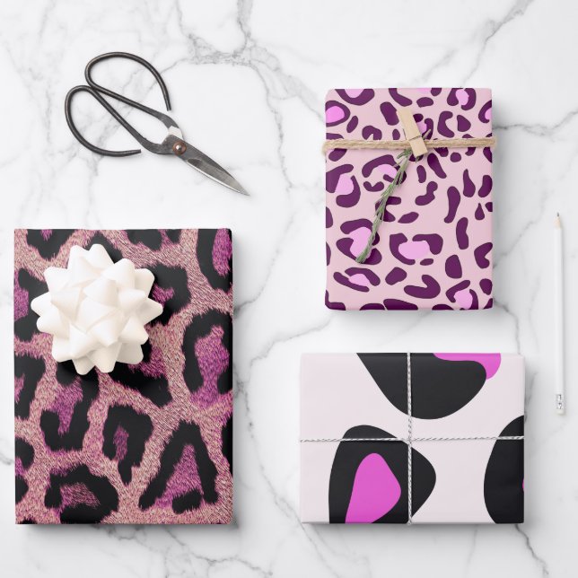 Pink Black Leopard Animal Print Wrapping Paper Sheet (Front)