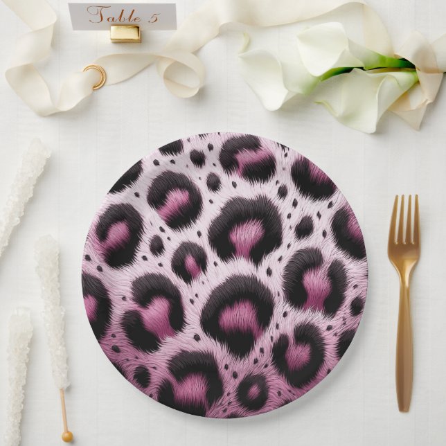 Pink & Black Leopard Fur Animal Print Spots  Paper Plate (Wedding)