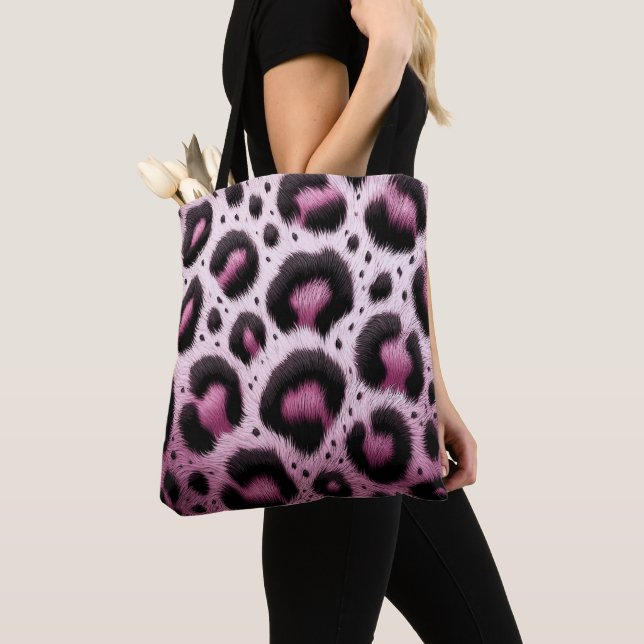 Pink & Black Leopard Fur Animal Print Spots  Tote Bag (Close Up)