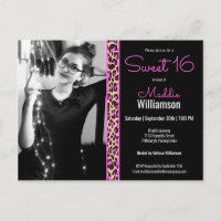 Pink & Black Leopard Photo Sweet 16 Invitation