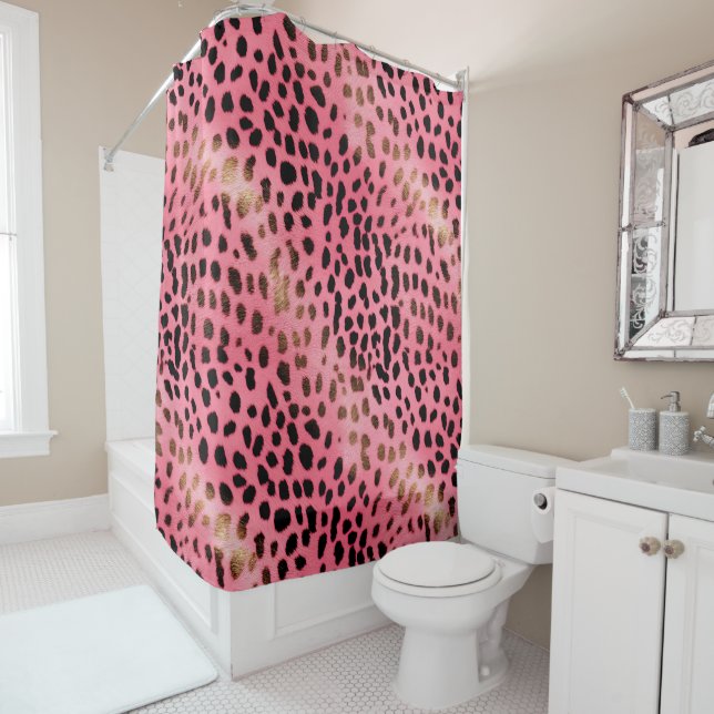 Pink Black Leopard Print Abstract Shower Curtain (In Situ)