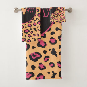 Pink Black Leopard Print Monogram Bath Towel Set